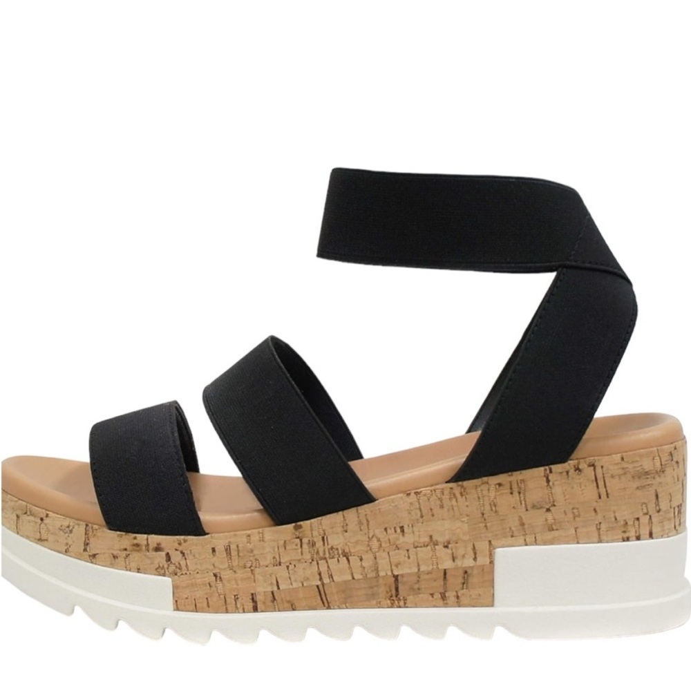 Soda Madyson Three Ankle Strap Cork Wedge Heels